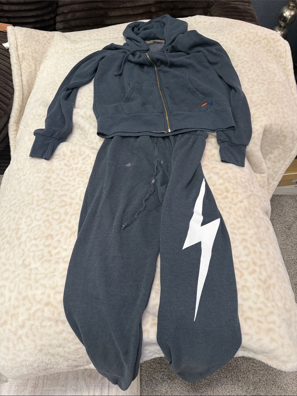 Aviator Nation Charcoal Lightning Zip Hoodie & Joggers - White Bolt size small